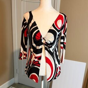 Vintage Only Nine Abstract Print Ring-Front Women's Top Red/Black/White Y2K